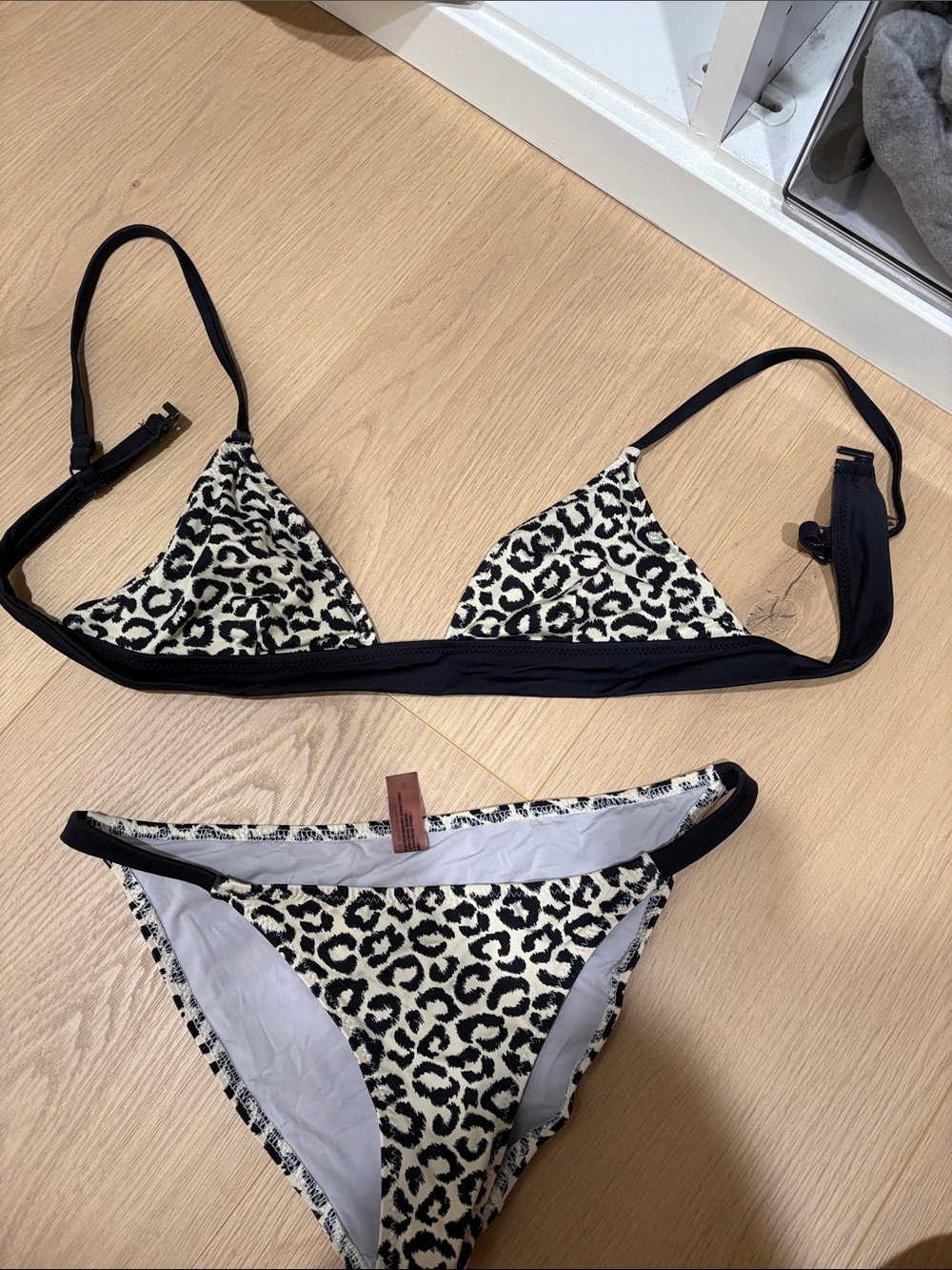 SOLID & STRIPED Leopard-Print Triangle Bikini in Black & Cream